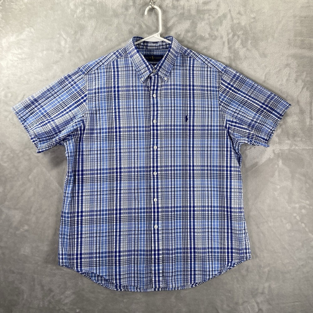 Ralph Lauren Shirt men's XL Seersucker Button Down Blue Plaid Pony Logo Textured